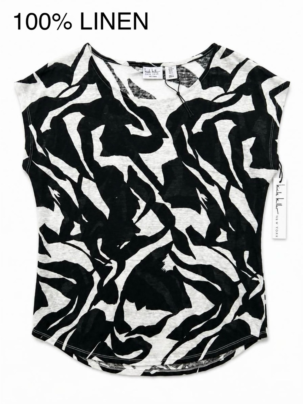 Nicole Miller NEW YORK Black & White Abstract Short Sleeve Tee